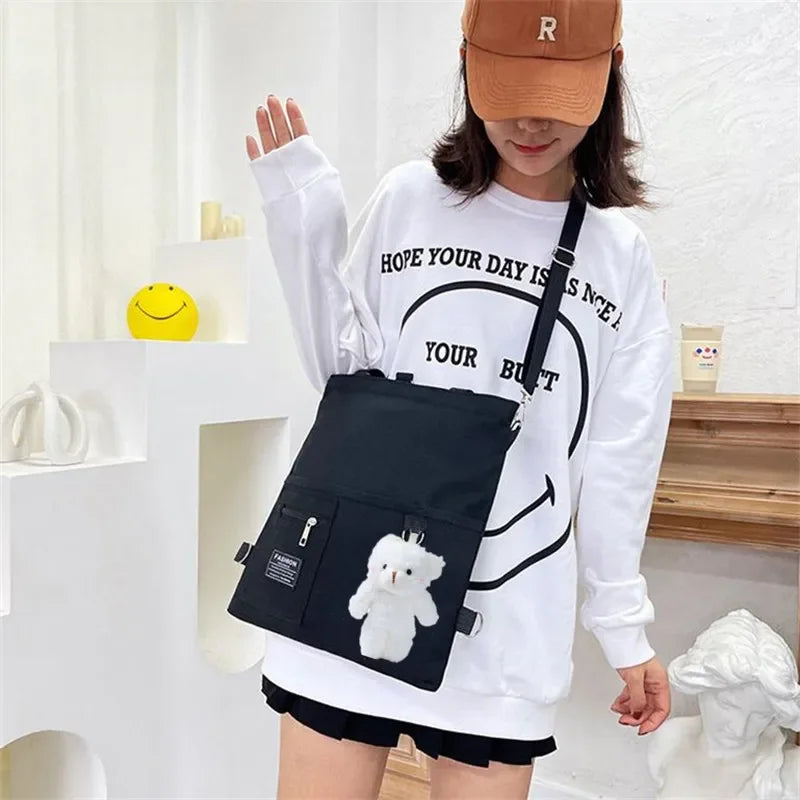 Cute Canvas Tote Bag Bear Pendant Stylish Bucket Crossbody Bag