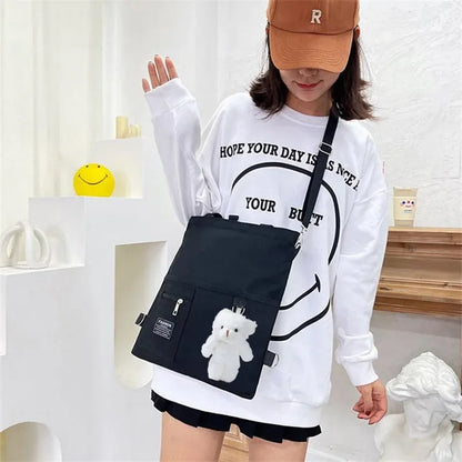 Cute Canvas Tote Bag Bear Pendant Stylish Bucket Crossbody Bag