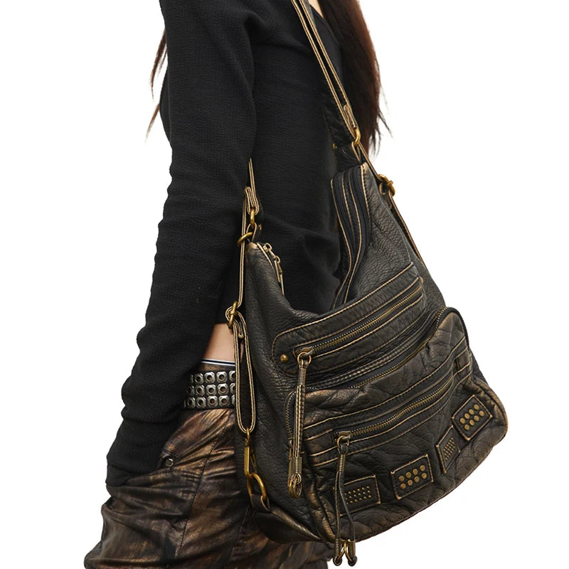 Y2k Women S Bag Retro Rivet Tote Water Washed Soft Leather Large Capacity Commuter Single Shoulder