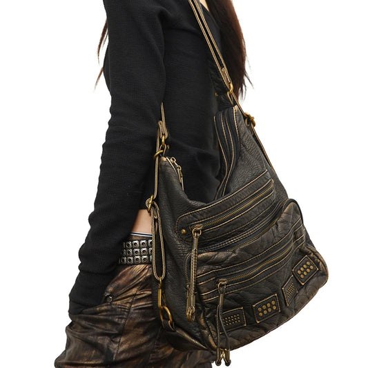 Y2k Women S Bag Retro Rivet Tote Water Washed Soft Leather Large Capacity Commuter Single Shoulder