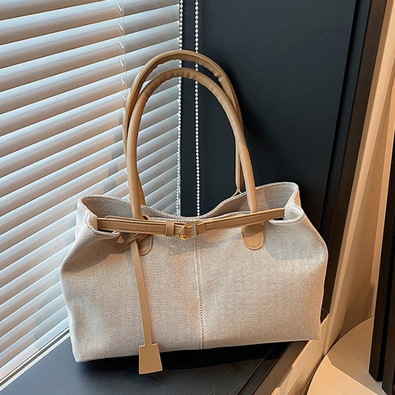 Linen Tote Bag with Leather Handles & Buckle Detail