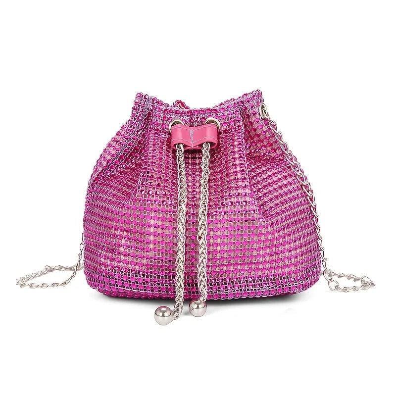 Gold Rhinestone Large Capacity Tote Bag Sparkly Drawstring Crossbody Purse Gold Chain Strap Party