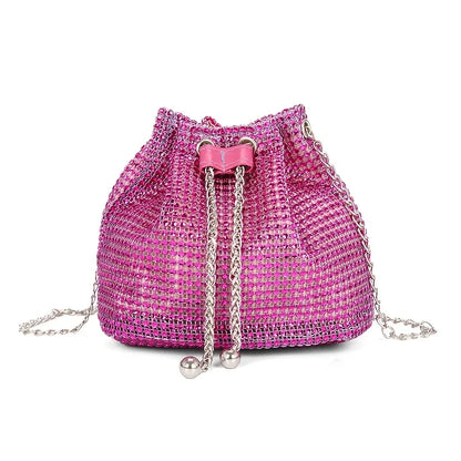 Gold Rhinestone Large Capacity Tote Bag Sparkly Drawstring Crossbody Purse Gold Chain Strap Party