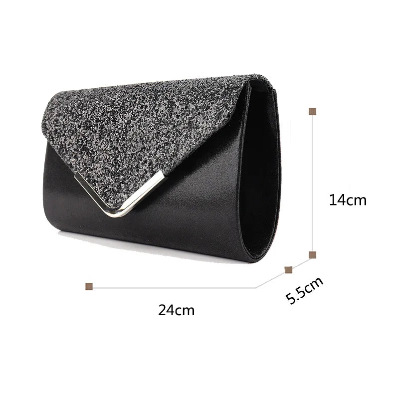 Sparkly Black Evening Clutch Bag Envelope Purse Gold Chain Parties Prom Special Occasions Formal