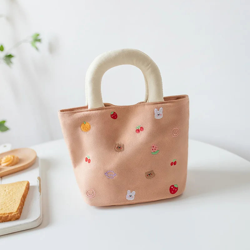 Cute Canvas Mini Handbag with Fruit & Bear Print