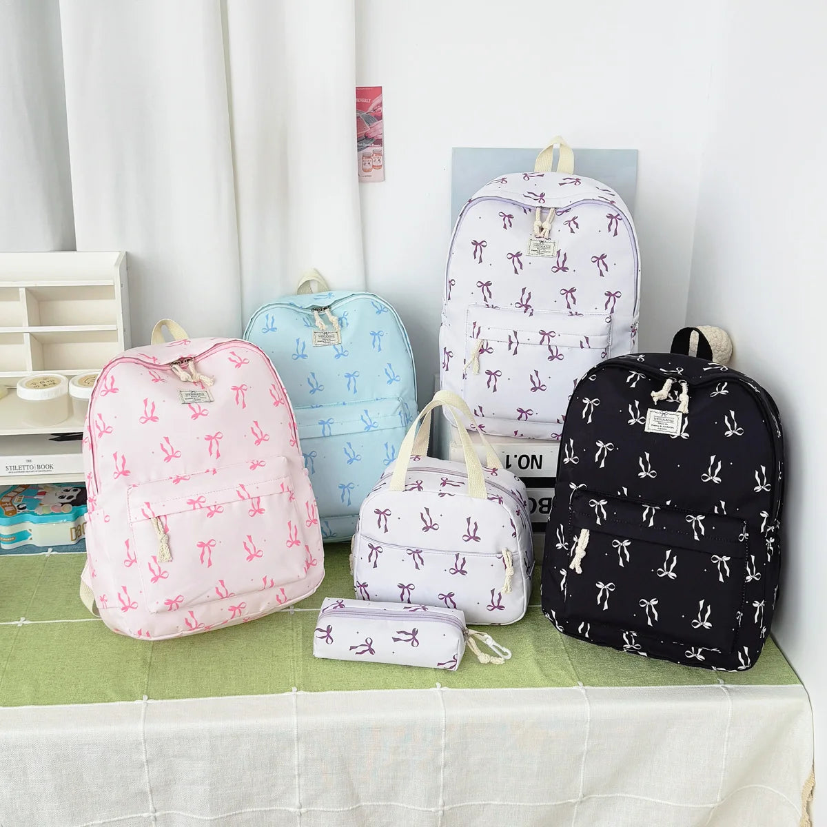 Sweet Girl Style Bow Print Three Piece Backpack Set Nylon Lightweight Large Capacity Campus