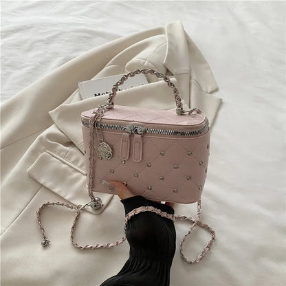 Quilted Mini Box Handbag Metal Chain Top Handle Crossbody Purse Camellia Charm