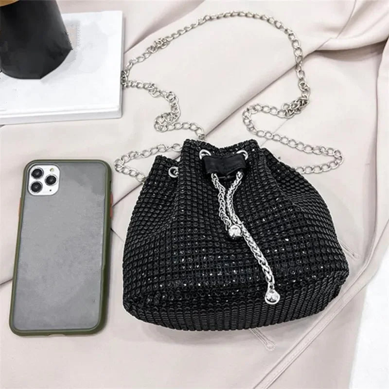 Rhinestone Bucket Bag – Women's Sparkling Drawstring Crossbody Purse