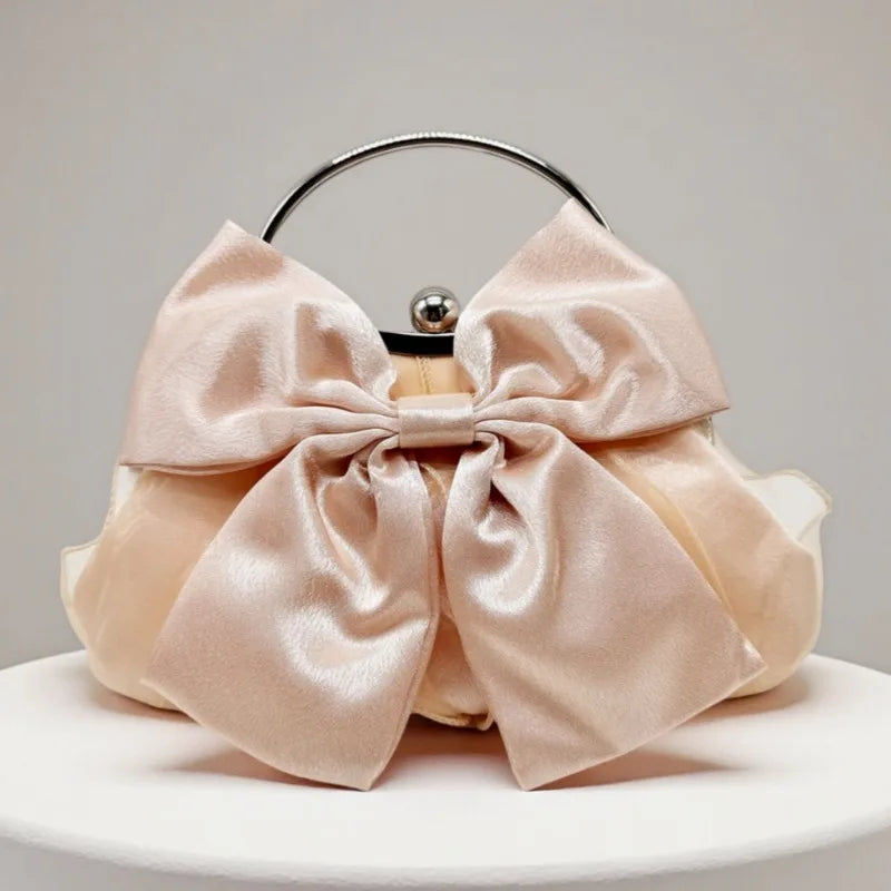 Satin Bow Clutch Bag for Women – Kiss Lock Top Handle Handbag