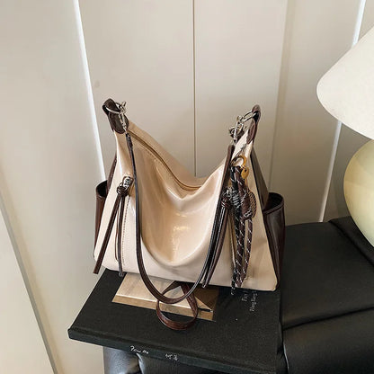 PU Leather Shoulder Bag with Side Pockets & Removable Charm