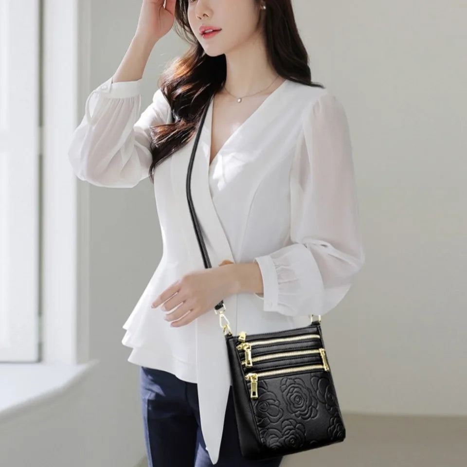 Triple Zipper Crossbody Bag – Floral Embossed Leather Shoulder Bag