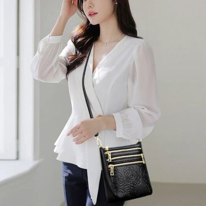 Triple Zipper Crossbody Bag – Floral Embossed Leather Shoulder Bag