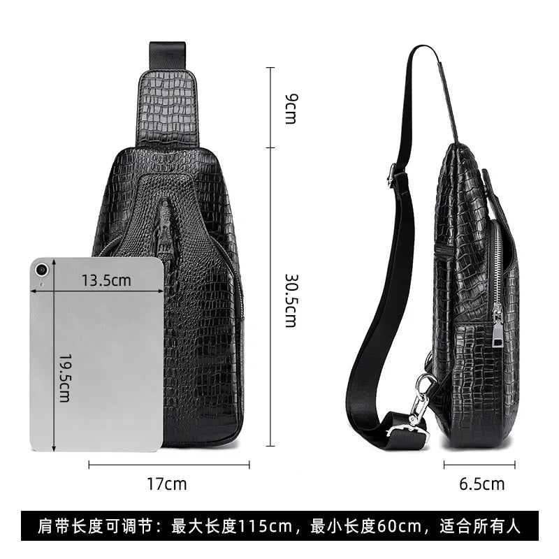 Crocodile Pattern Men S Single-Shoulder Chest Bag Top Layer Cowhide Crossbody Bag Men S