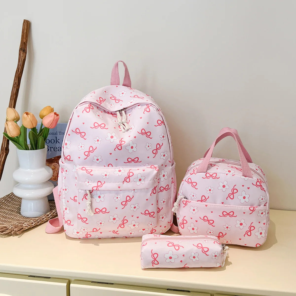 Gentle Cute Butterfly Knot Floral Three Piece Backpack Set Lightweight Large Capacity
