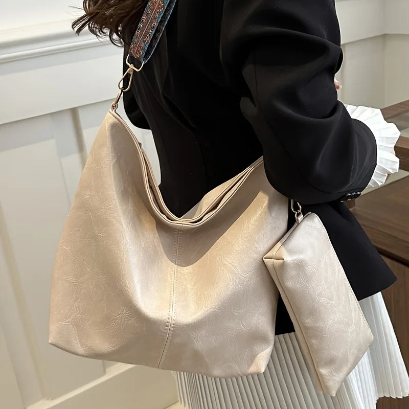 Retro PU Leather Bucket Tote Bag Set with Boho Wide Strap