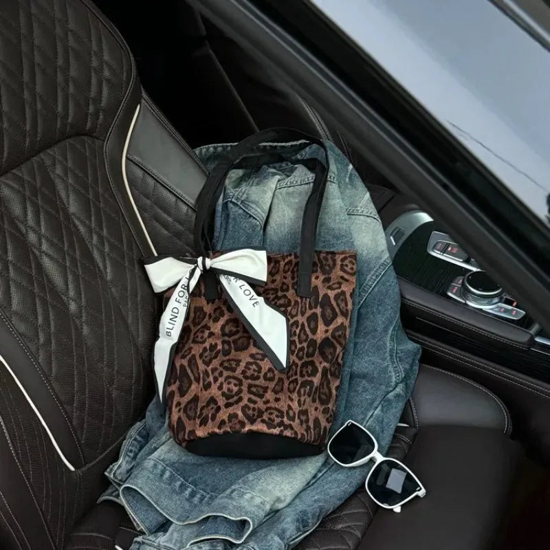 Leopard Print Tote Bag with Bow Scarf – Large Capacity Shoulder Bag