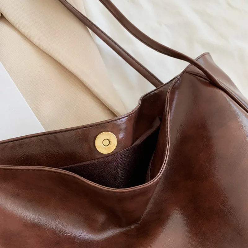 Large Capacity Retro PU Leather Tote Bag – Women's Shoulder Handbag