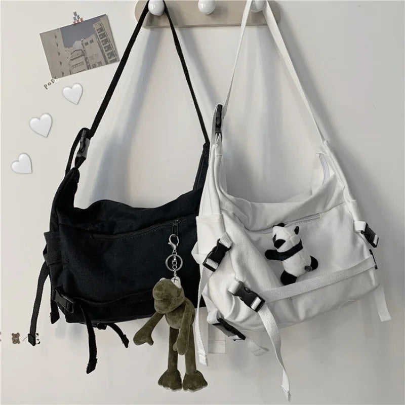 Canvas Crossbody Bag with Plush Pendant – Large Capacity Women's Shoulder Bag