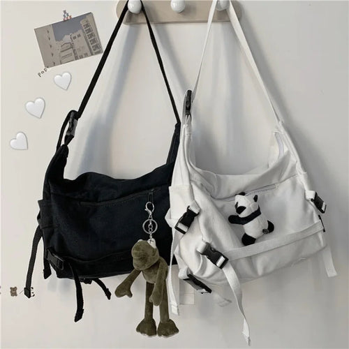 Canvas Crossbody Bag with Plush Pendant – Large Capacity Women's Shoulder Bag
