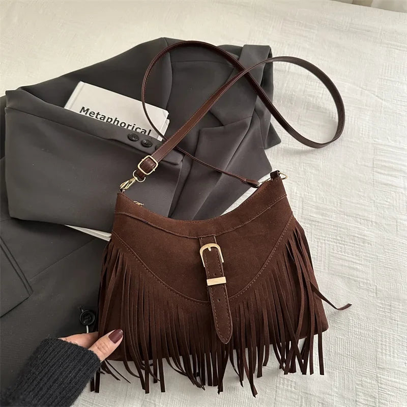 Suede Tassel Shoulder Bag for Women – Boho Fringe Crossbody