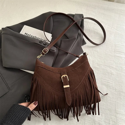 Suede Tassel Shoulder Bag for Women – Boho Fringe Crossbody