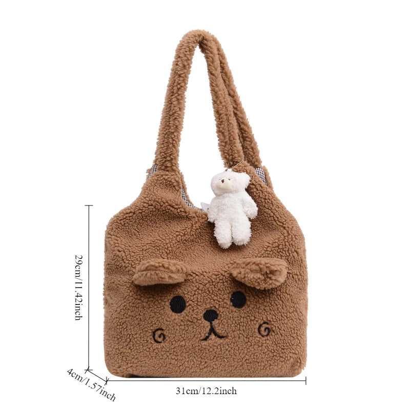 Fluffy Bear Tote Bag Women Cute Plush Shoulder Bag Large Capacity