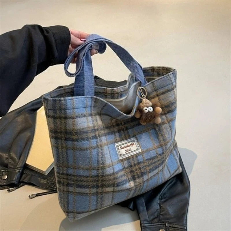 Plaid Wool Tote Bag – Soft Shoulder Handbag with Pendant