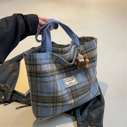 Plaid Wool Tote Bag – Soft Shoulder Handbag with Pendant
