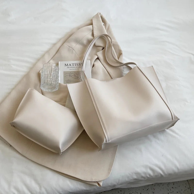 Large Capacity Tote Bag with Inner Pouch – Faux Leather
