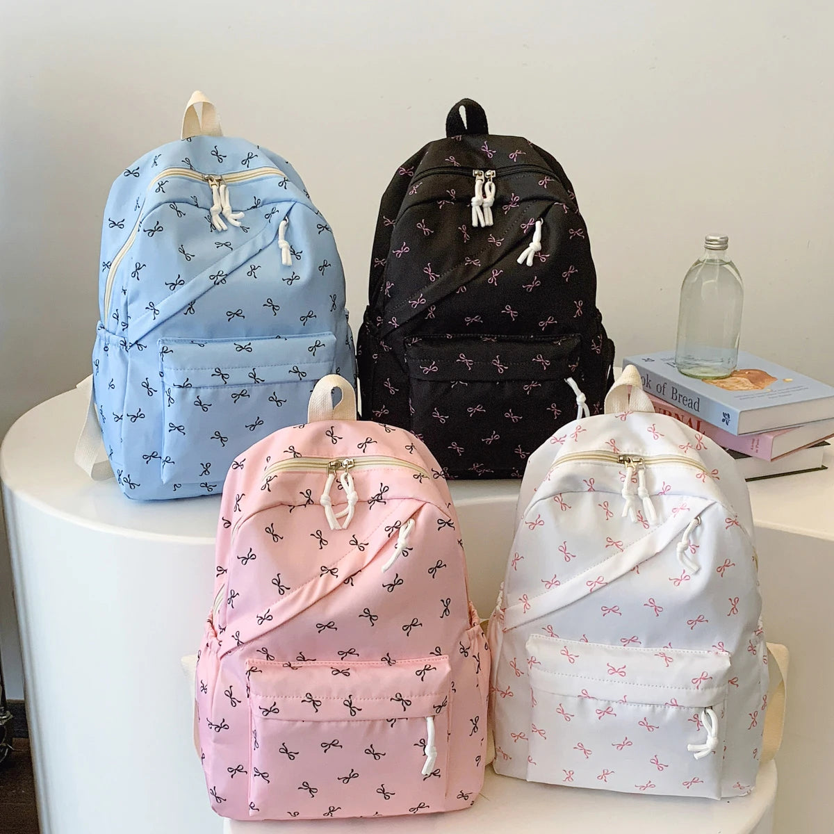 Fashionable Cute Backpack Bow Print Bookbag Laptop Protection Adjustable Straps Back School Season