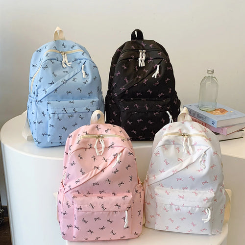 Fashionable Cute Backpack Bow Print Bookbag Laptop Protection Adjustable Straps Back School Season