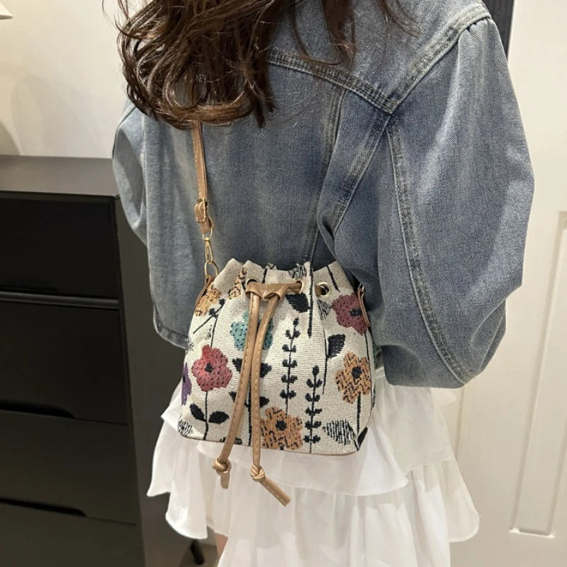 Floral Drawstring Bucket Bag for Women – Boho Crossbody Purse