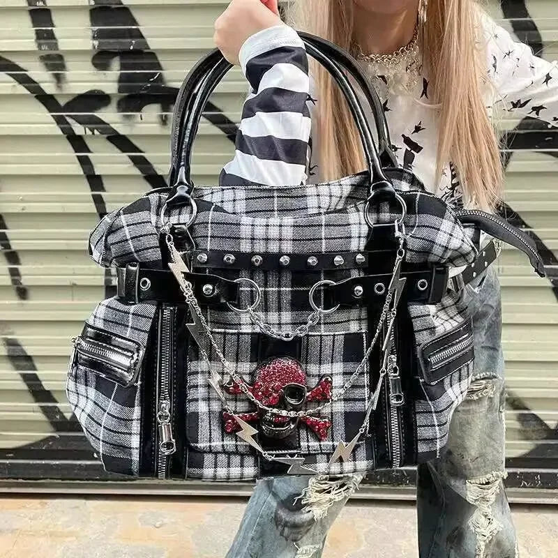 Plaid Canvas Shoulder Bag – Y2K Harajuku Large Handbag