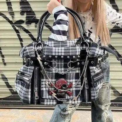 Plaid Canvas Shoulder Bag – Y2K Harajuku Large Handbag