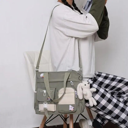 Canvas Crossbody Tote Bag Multi-Pocket Shoulder Bag