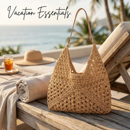 Summer Beach Casual Handbag Shoulder Bag Women Striped Straw Tote Bags Leather Handles