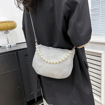 Glitter Silver Clutch Pearl Women Handbag Detachable Chain Crossbody Bags Wedding Prom Party Formal