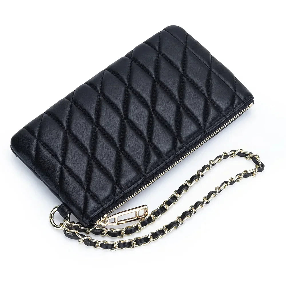 Leather Clutch Bag Women S Diamond Check Embroidered Long Wallet Multi-Functional Mobile Phone