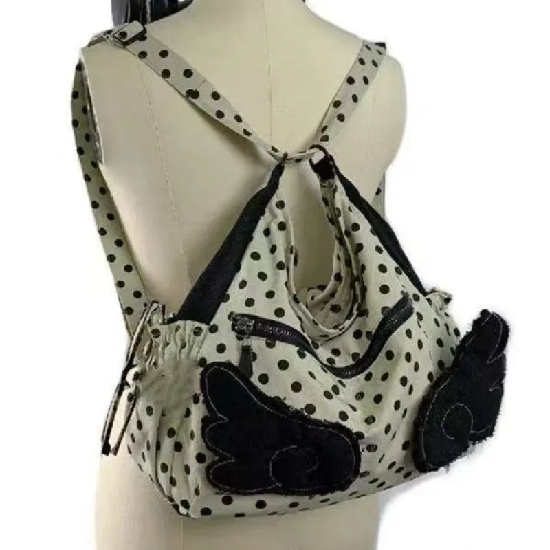 Cute Wings Design Shoulder Women Polka Dot Korean Crossbody Bag Large Capacity Tote Commuter Y2k