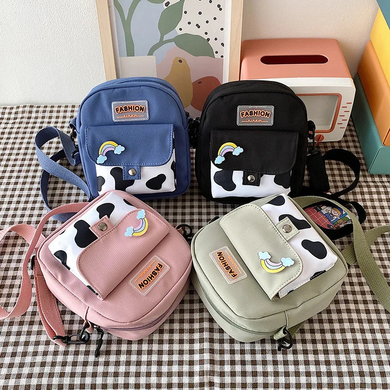 Stylish Cow Print Minimalist Crossbody Bag Lightweight Casual Shoulder Purse Rainbow Pin Students