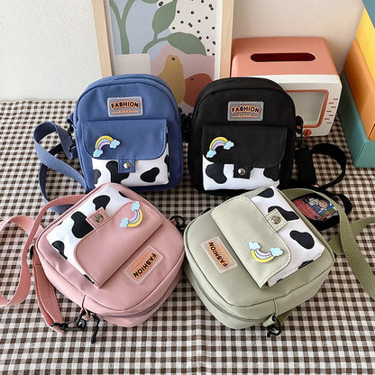 Stylish Cow Print Minimalist Crossbody Bag Lightweight Casual Shoulder Purse Rainbow Pin Students