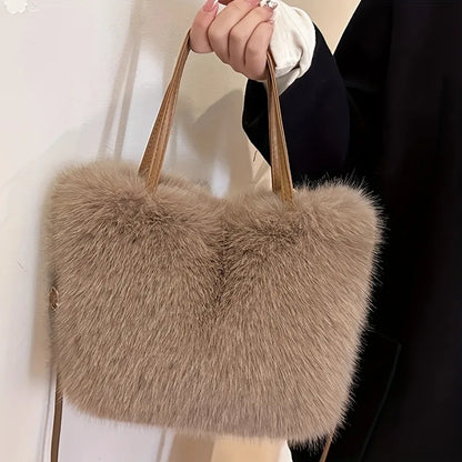 Faux Fur Handbag with Detachable Strap - Plush Tote Bag