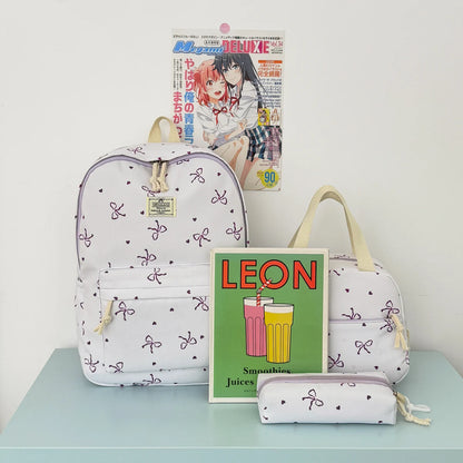 Sweet Fresh Bow Print Three Piece Backpack Set Lightweight Large Capacity College Style Campus