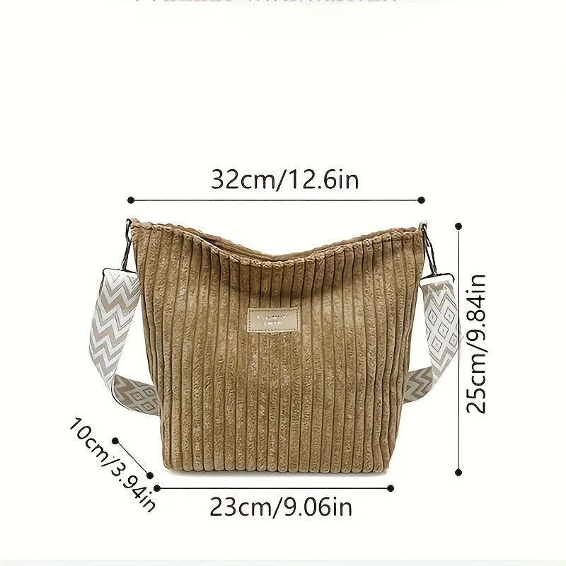 Corduroy Crossbody Bag – Women's Shoulder Bag with Patterned Strap