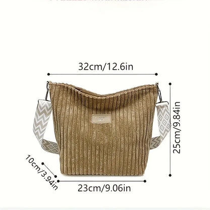 Corduroy Crossbody Bag – Women's Shoulder Bag with Patterned Strap