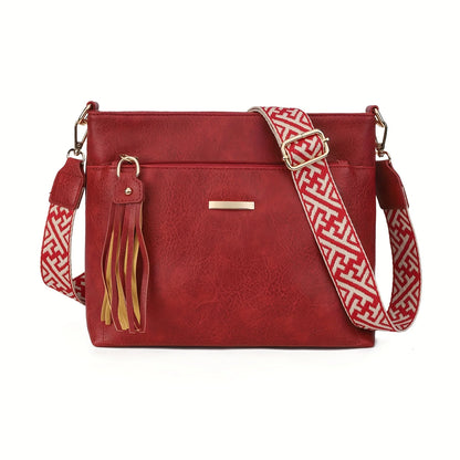 Textured Crossbody Bag – Faux Leather Shoulder Bag with Patterned Strap & Tassel Detail