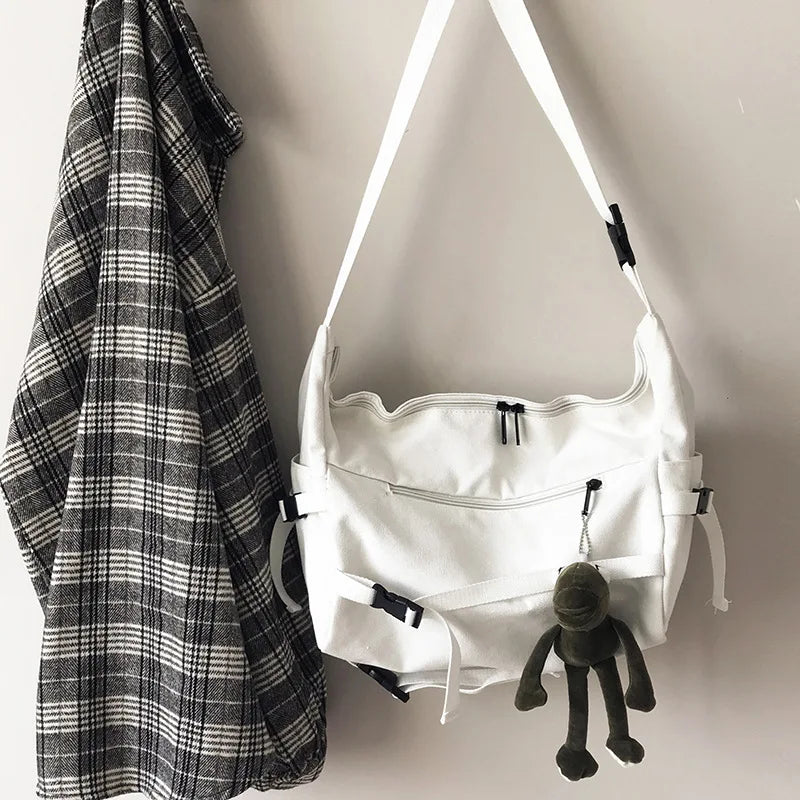 Canvas Crossbody Bag with Plush Pendant – Large Capacity Women's Shoulder Bag