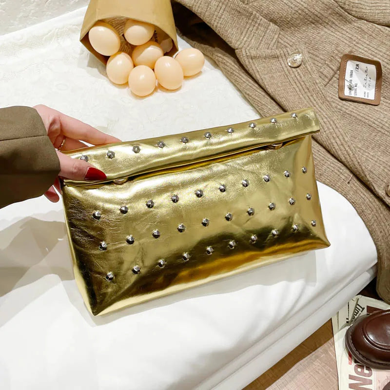 Light Luxury Clutch Bag Glitter Pu Leather Evening Rivet Solid Color Handbag Banquet Dance