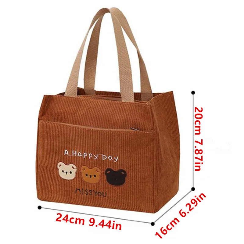 Corduroy Embroidered Bear Tote Bag Stylish Cosmetic Storage Handbag