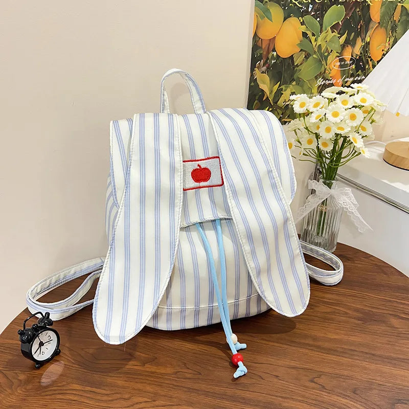 Cute Striped Drawstring Flap Large Capacity Backpack